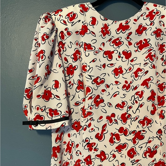 Vintage Dress white red black floral print, tiered skirt, shoulder pads, sz 12 - Picture 3 of 11